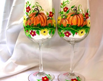 Fall Pumpkin Harvest hand painted wine glasses