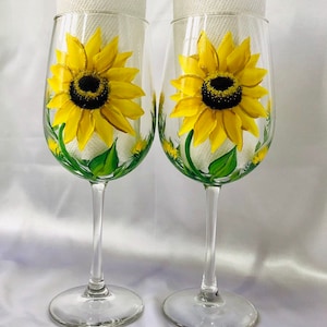 Sunflower hand painted wine glasses