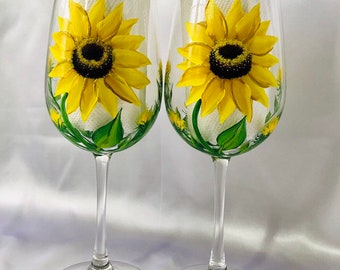 Sunflower hand painted wine glasses