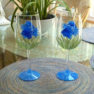 Blue Fish hand painted wine glasses. image 3