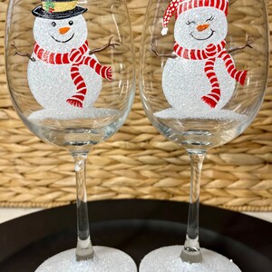 Red and white Holiday Snowman hand painted wine glasses