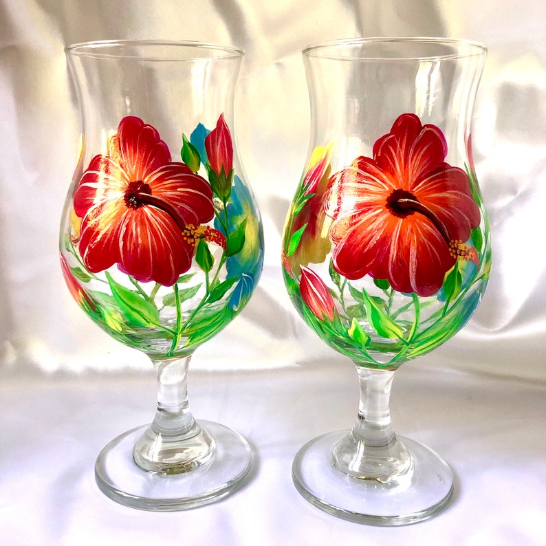 Hibiscus Flowers Hand Painted Wine Glasses Etsy