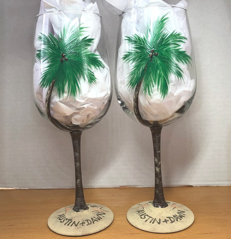 Palm tree hand painted wine glasses Etsy