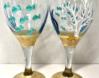 Underwater fish scene hand painted wine glasses