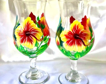 Hibiscus floral hand painted tulip glasses
