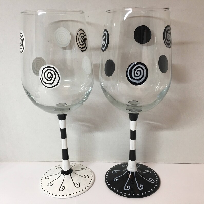 Black and white swirls and stripes hand painted wine glasses
