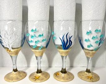 Under the sea hand painted wine glasses