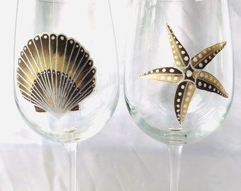 Beach themed hand painted wine glasses