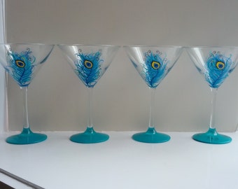 Peacock party hand painted martini glasses