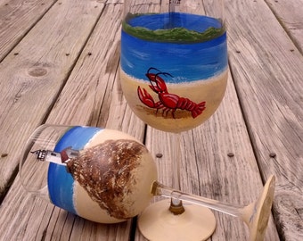 Lighthouse and lobster hand painted wine glass