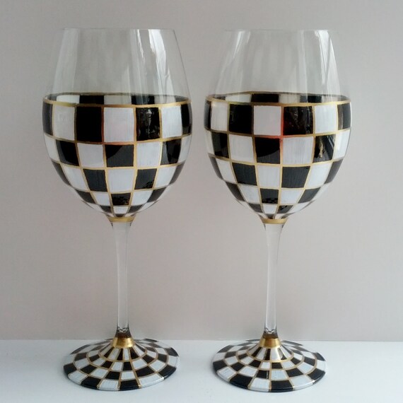Black and white checked hand painted wine glasses Etsy