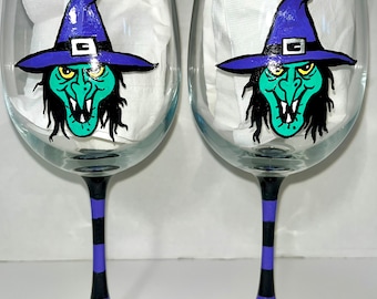 Witch Halloween hand painted wine glasses.