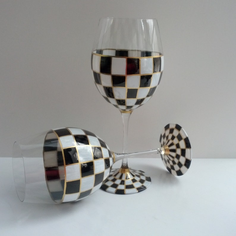 Black and white checked hand painted wine glasses Etsy