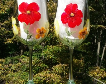 Fall flowers hand painted wine glasses