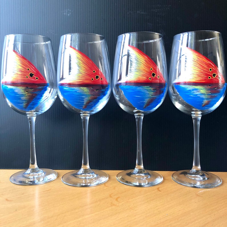 Red Tail fish tail hand painted wine glasses image 2