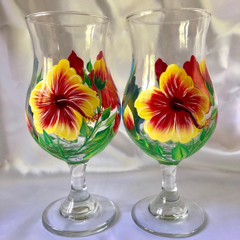 Hibiscus Flowers Hand Painted Wine Glasses Etsy