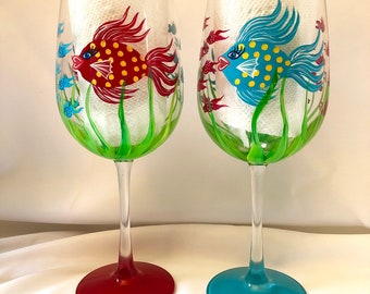 Fish hand painted wine glasses.