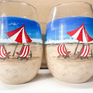 Beach scene hand painted stemless wine glasses