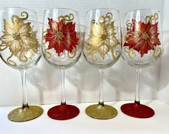 Poinsettia hand painted wine glasses