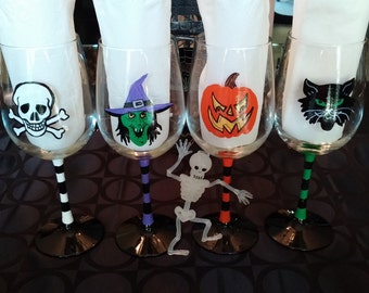 Halloween Party hand painted wine glasses.