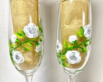Summer garden Wedding hand painted champagne flutes