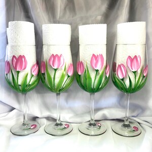 Pretty Pink Spring Tulips hand painted wine glasses