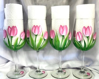 Pretty Pink Spring Tulips hand painted wine glasses