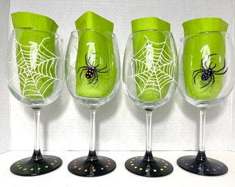 Spider Halloween hand painted wine glasses.