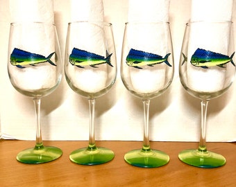 Sport fish Mahi mahi hand painted wine glasses