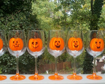 Pumpkin Party Halloween hand painted wine glasses.