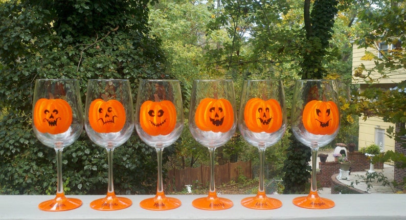 Pumpkin Party Halloween hand painted wine glasses. image 1