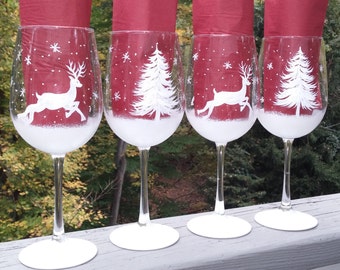 White Christmas shimmery reindeer and pine tree hand painted wine glasses