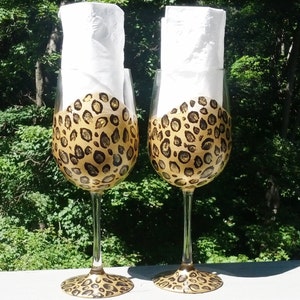 Leopard hand painted wine glasses