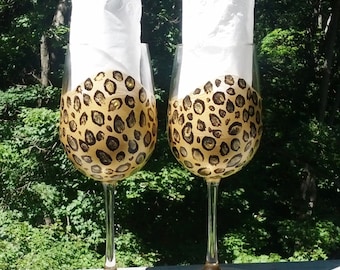 Leopard hand painted wine glasses