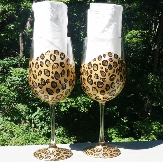 Leopard Hand Painted Wine Glasses Etsy