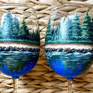 Loving the lake hand painted wine glasses
