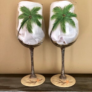 Palm tree hand painted wine glasses