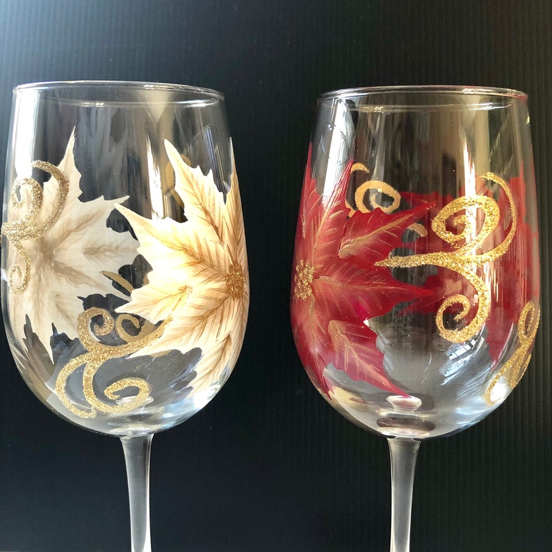 Poinsettia Hand Painted Wine Glasses Etsy