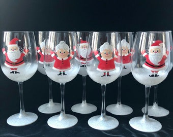 Santa and Mrs. Clause hand painted wine glasses