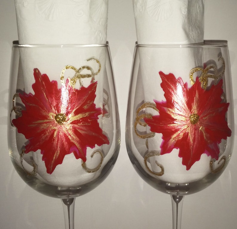 Poinsettia hand painted wine glasses Etsy