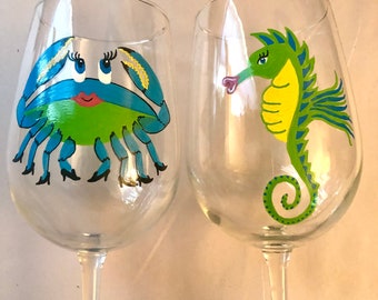 Seahorse and Crab Seashore Girls weekend hand painted wine glasses.