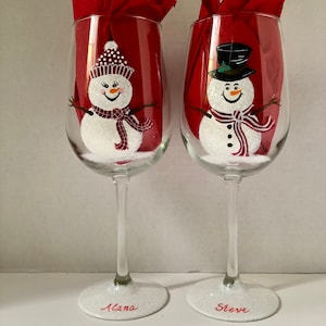Snowman hand painted wine glasses