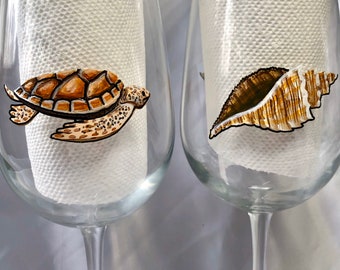 Turtle and seashell hand painted wine glasses