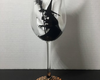 Wicked witch Halloween hand painted wine glass.