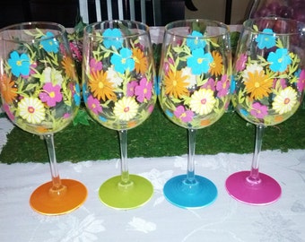 Flowered Wine Party hand painted glasses