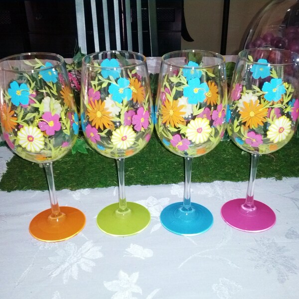 Flowered Wine Party hand painted glasses
