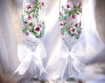 Spring Wedding Pink roses hand painted champagne flutes