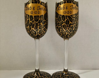 Leopard print hand painted Champagne glasses.