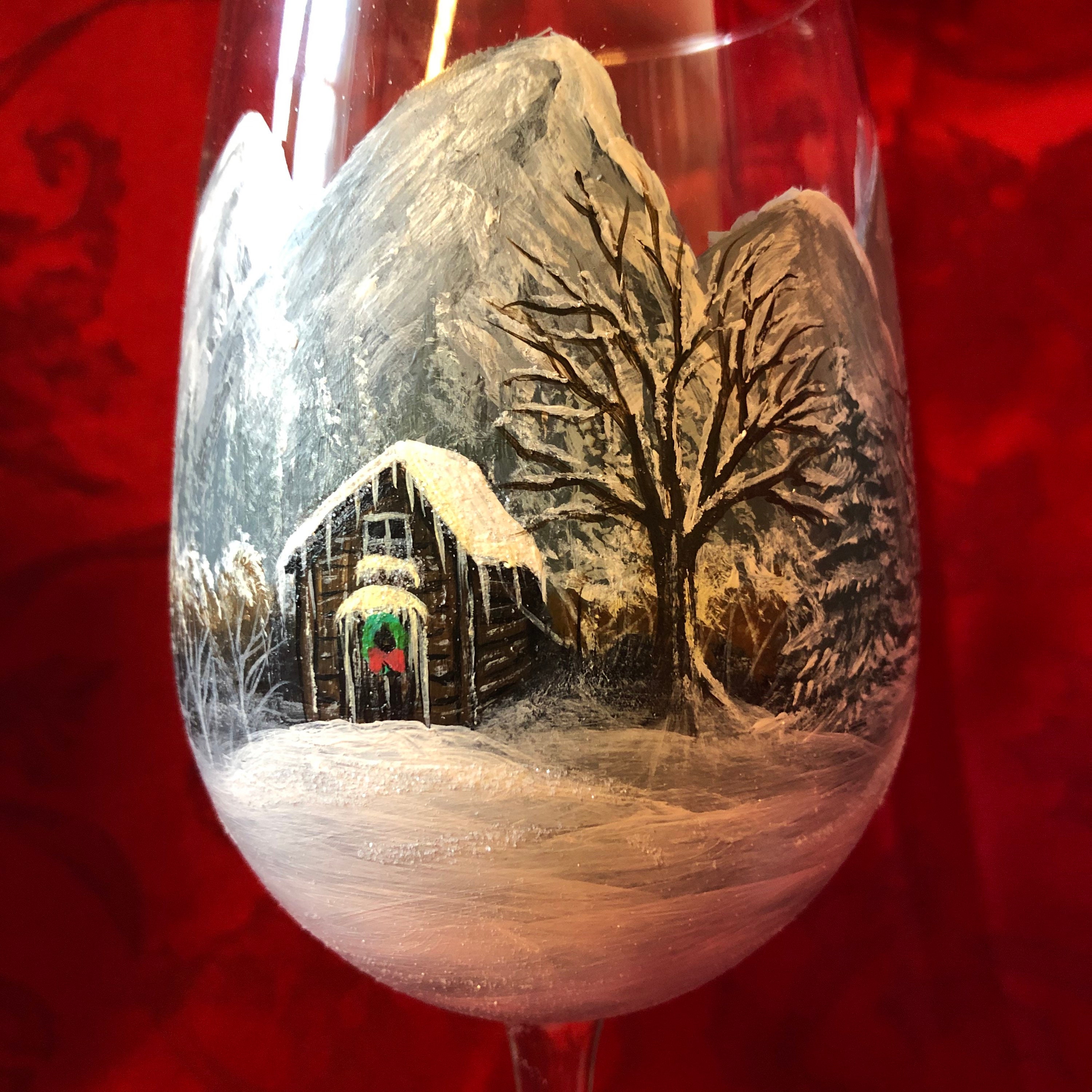 Snow scene in the mountains hand painted wine glasses Etsy