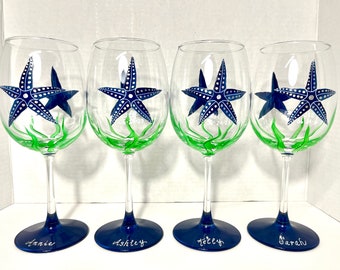 Four starfish hand painted wine glasses.